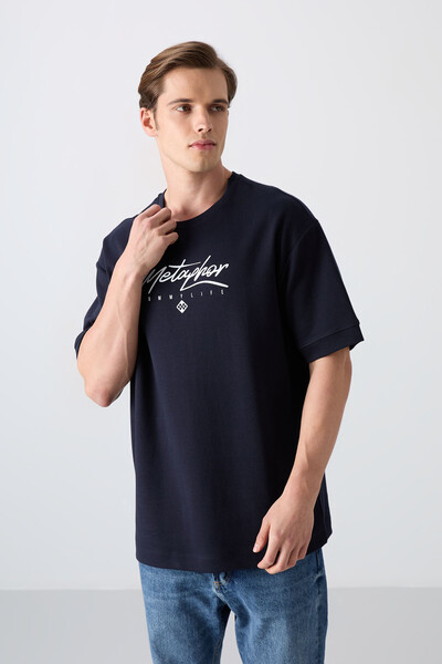 Tommylife Wholesale Crew Neck Oversize Printed Men's T-Shirt 88320 Navy Blue - Thumbnail