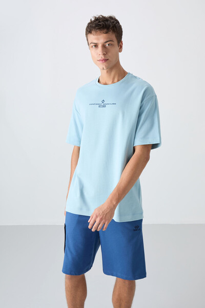 Tommylife Wholesale Crew Neck Oversize Printed Men's T-Shirt 88321 Light Blue - Thumbnail