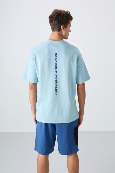 Tommylife Wholesale Crew Neck Oversize Printed Men's T-Shirt 88321 Light Blue - Thumbnail