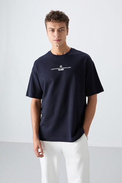 Tommylife Wholesale Crew Neck Oversize Printed Men's T-Shirt 88321 Navy Blue - Thumbnail