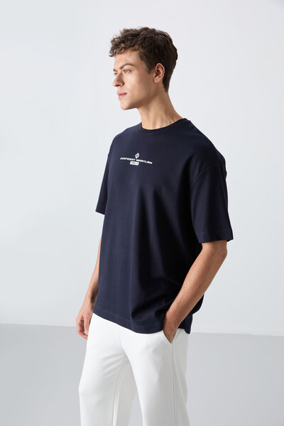 Tommylife Wholesale Crew Neck Oversize Printed Men's T-Shirt 88321 Navy Blue - Thumbnail