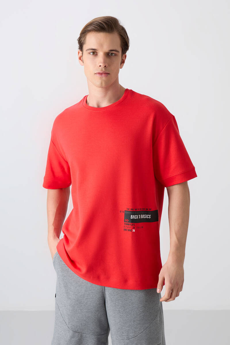 TOMMYLIFE - Tommylife Wholesale Crew Neck Oversize Printed Men's T-Shirt 88322 Fiesta