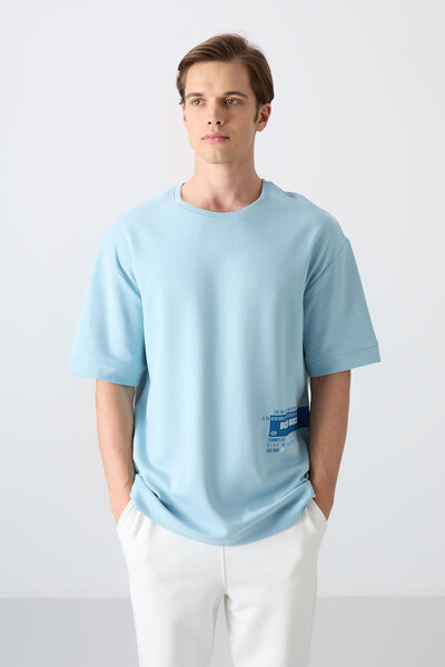 Tommylife Wholesale Crew Neck Oversize Printed Men's T-Shirt 88322 Light Blue - Thumbnail