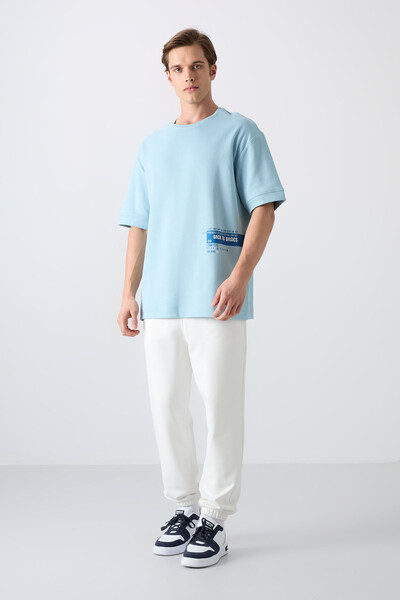 Tommylife Wholesale Crew Neck Oversize Printed Men's T-Shirt 88322 Light Blue - Thumbnail