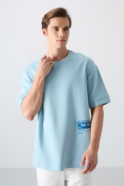 Tommylife Wholesale Crew Neck Oversize Printed Men's T-Shirt 88322 Light Blue - Thumbnail