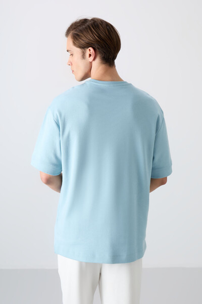 Tommylife Wholesale Crew Neck Oversize Printed Men's T-Shirt 88322 Light Blue - Thumbnail