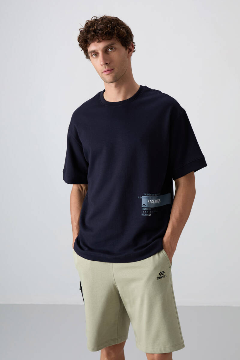 TOMMYLIFE - Tommylife Wholesale Crew Neck Oversize Printed Men's T-Shirt 88322 Navy Blue