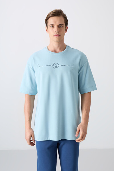 Tommylife Wholesale Crew Neck Oversize Printed Men's T-Shirt 88323 Light Blue - Thumbnail