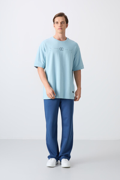 Tommylife Wholesale Crew Neck Oversize Printed Men's T-Shirt 88323 Light Blue - Thumbnail