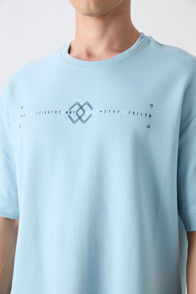 Tommylife Wholesale Crew Neck Oversize Printed Men's T-Shirt 88323 Light Blue - Thumbnail