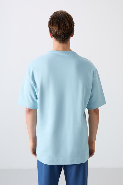 Tommylife Wholesale Crew Neck Oversize Printed Men's T-Shirt 88323 Light Blue - Thumbnail