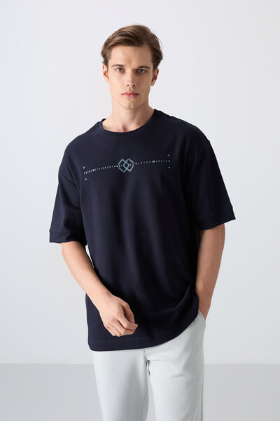 Tommylife Wholesale Crew Neck Oversize Printed Men's T-Shirt 88323 Navy Blue - Thumbnail