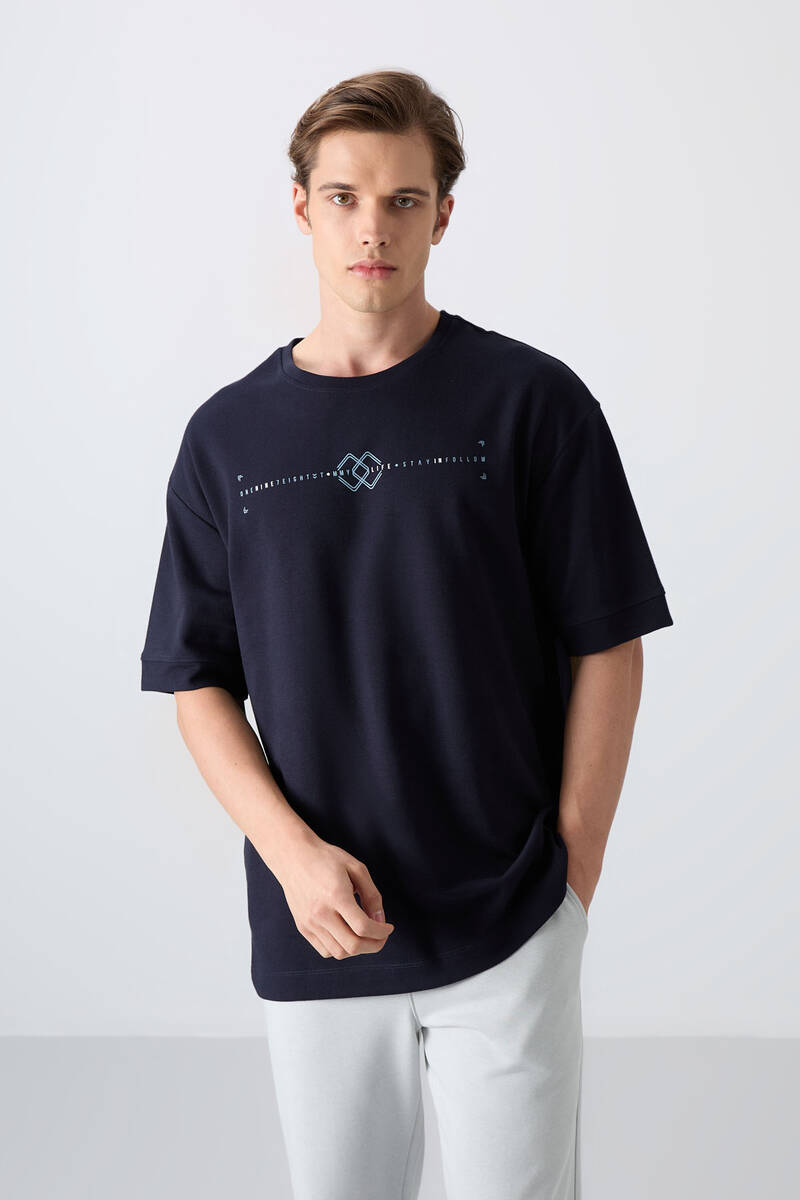 TOMMYLIFE - Tommylife Wholesale Crew Neck Oversize Printed Men's T-Shirt 88323 Navy Blue