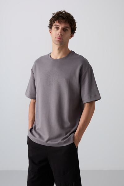 Tommylife Wholesale Crew Neck Oversize Printed Men's T-Shirt 88324 Dark Gray - Thumbnail