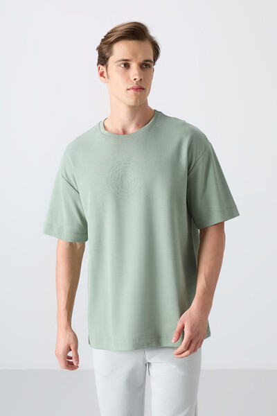 Tommylife Wholesale Crew Neck Oversize Printed Men's T-Shirt 88324 Light Green - Thumbnail