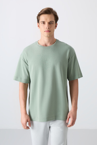 Tommylife Wholesale Crew Neck Oversize Printed Men's T-Shirt 88324 Light Green - Thumbnail