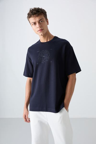 Tommylife Wholesale Crew Neck Oversize Printed Men's T-Shirt 88324 Navy Blue - Thumbnail