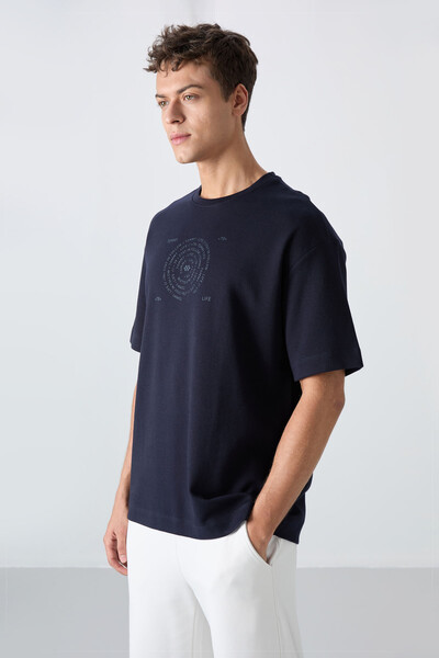 Tommylife Wholesale Crew Neck Oversize Printed Men's T-Shirt 88324 Navy Blue - Thumbnail