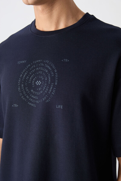 Tommylife Wholesale Crew Neck Oversize Printed Men's T-Shirt 88324 Navy Blue - Thumbnail