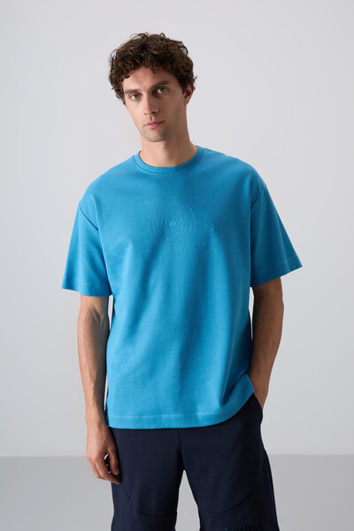 Tommylife Wholesale Crew Neck Oversize Printed Men's T-Shirt 88324 Petrol Blue - Thumbnail