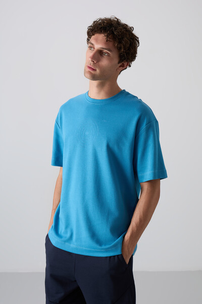 Tommylife Wholesale Crew Neck Oversize Printed Men's T-Shirt 88324 Petrol Blue - Thumbnail