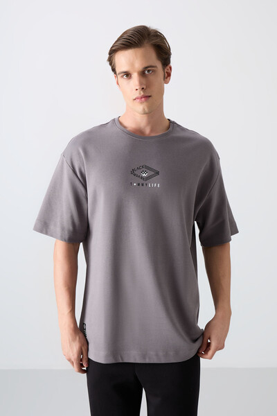 Tommylife Wholesale Crew Neck Oversize Printed Men's T-Shirt 88325 Dark Gray - Thumbnail