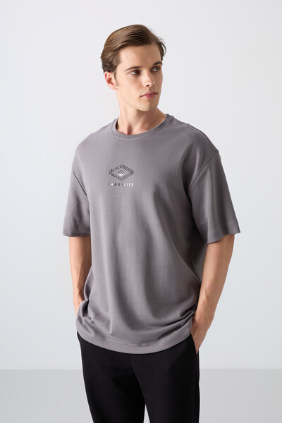 Tommylife Wholesale Crew Neck Oversize Printed Men's T-Shirt 88325 Dark Gray - Thumbnail