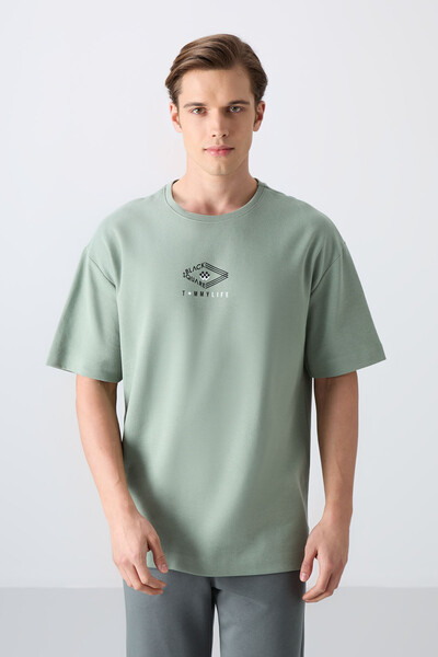Tommylife Wholesale Crew Neck Oversize Printed Men's T-Shirt 88325 Light Green - Thumbnail