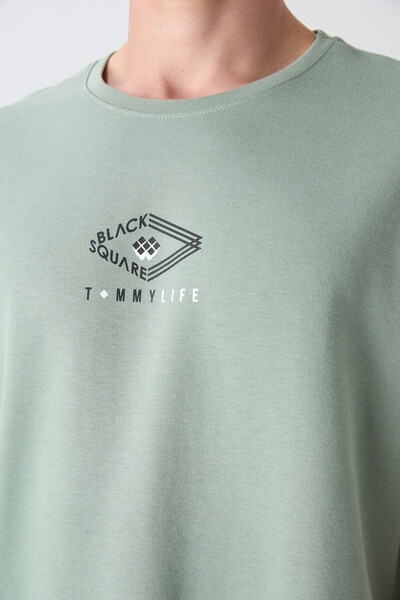 Tommylife Wholesale Crew Neck Oversize Printed Men's T-Shirt 88325 Light Green - Thumbnail