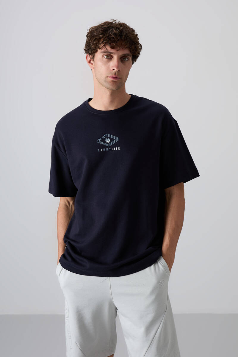 TOMMYLIFE - Tommylife Wholesale Crew Neck Oversize Printed Men's T-Shirt 88325 Navy Blue