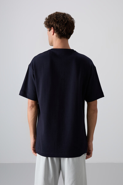 Tommylife Wholesale Crew Neck Oversize Printed Men's T-Shirt 88325 Navy Blue - Thumbnail