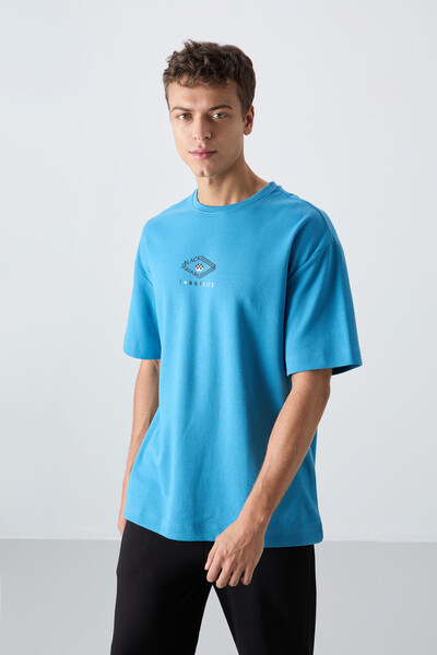 Tommylife Wholesale Crew Neck Oversize Printed Men's T-Shirt 88325 Petrol Blue - Thumbnail