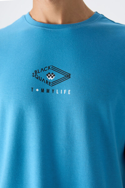 Tommylife Wholesale Crew Neck Oversize Printed Men's T-Shirt 88325 Petrol Blue - Thumbnail