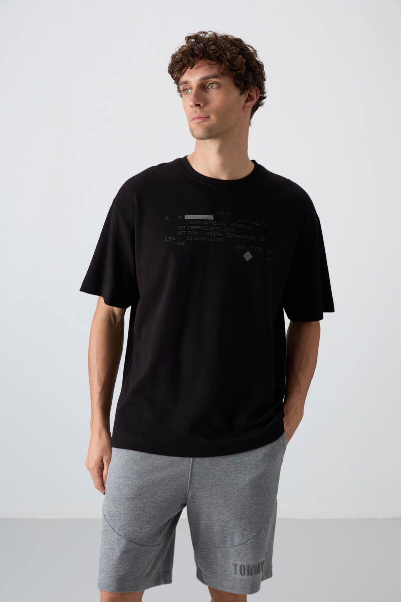 TOMMYLIFE - Tommylife Wholesale Crew Neck Oversize Printed Men's T-Shirt 88326 Black