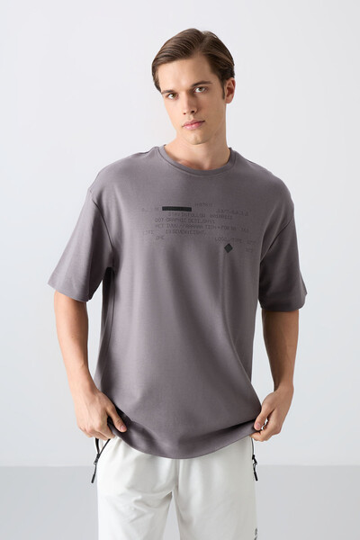 Tommylife Wholesale Crew Neck Oversize Printed Men's T-Shirt 88326 Dark Gray - Thumbnail