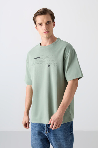 Tommylife Wholesale Crew Neck Oversize Printed Men's T-Shirt 88326 Light Green - Thumbnail