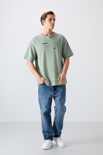 Tommylife Wholesale Crew Neck Oversize Printed Men's T-Shirt 88326 Light Green - Thumbnail