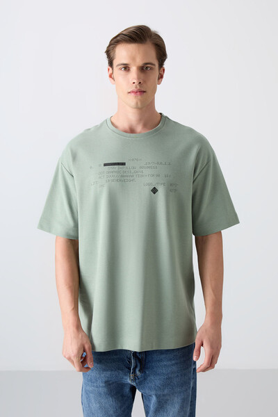 Tommylife Wholesale Crew Neck Oversize Printed Men's T-Shirt 88326 Light Green - Thumbnail