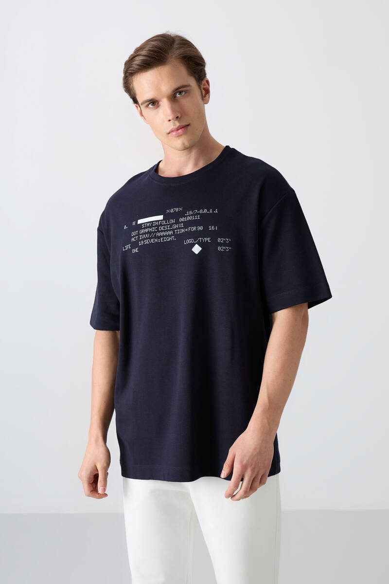 TOMMYLIFE - Tommylife Wholesale Crew Neck Oversize Printed Men's T-Shirt 88326 Navy Blue
