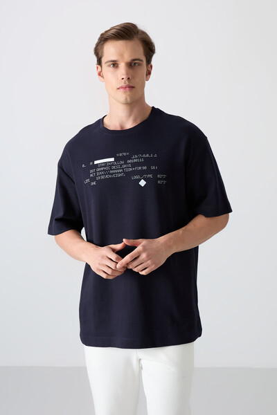 Tommylife Wholesale Crew Neck Oversize Printed Men's T-Shirt 88326 Navy Blue - Thumbnail