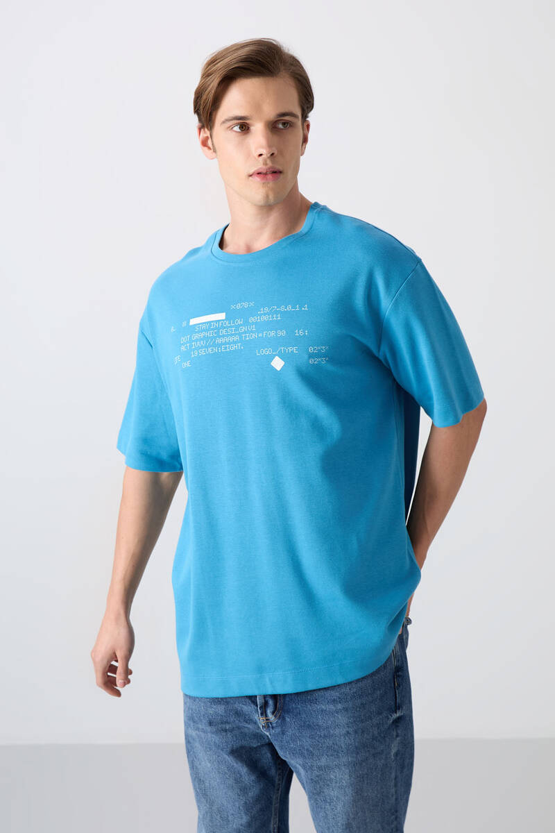 TOMMYLIFE - Tommylife Wholesale Crew Neck Oversize Printed Men's T-Shirt 88326 Petrol Blue