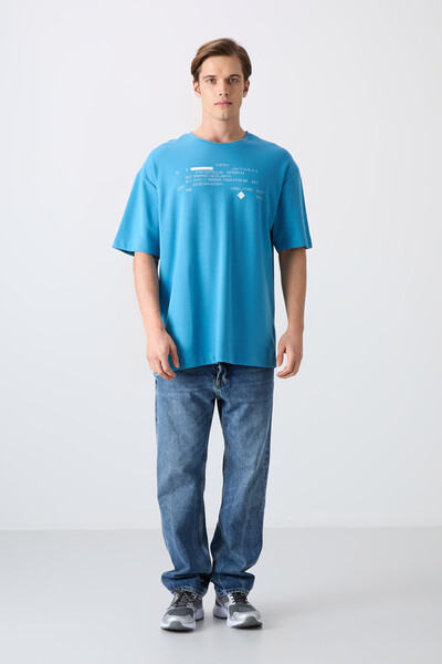 Tommylife Wholesale Crew Neck Oversize Printed Men's T-Shirt 88326 Petrol Blue - Thumbnail