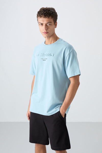 Tommylife Wholesale Crew Neck Oversize Printed Men's T-Shirt 88328 Light Blue - Thumbnail