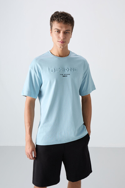 Tommylife Wholesale Crew Neck Oversize Printed Men's T-Shirt 88328 Light Blue - Thumbnail