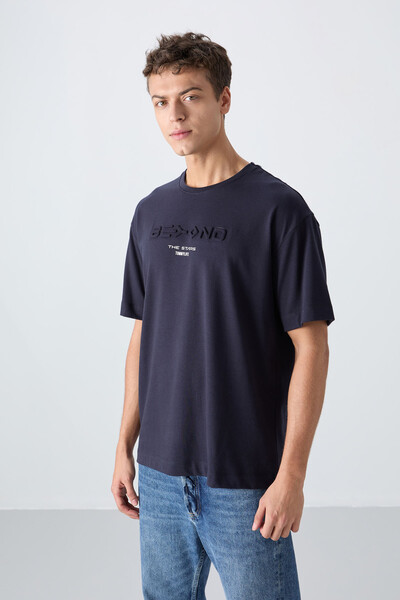 Tommylife Wholesale Crew Neck Oversize Printed Men's T-Shirt 88328 Navy Blue - Thumbnail