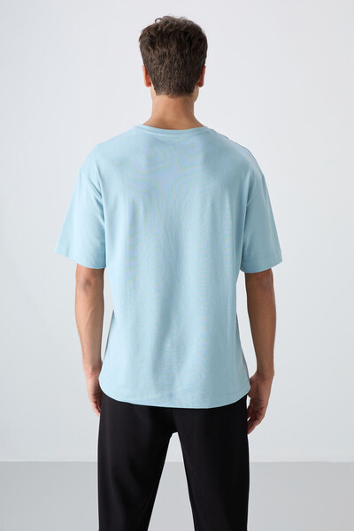 Tommylife Wholesale Crew Neck Oversize Printed Men's T-Shirt 88329 Light Blue - Thumbnail