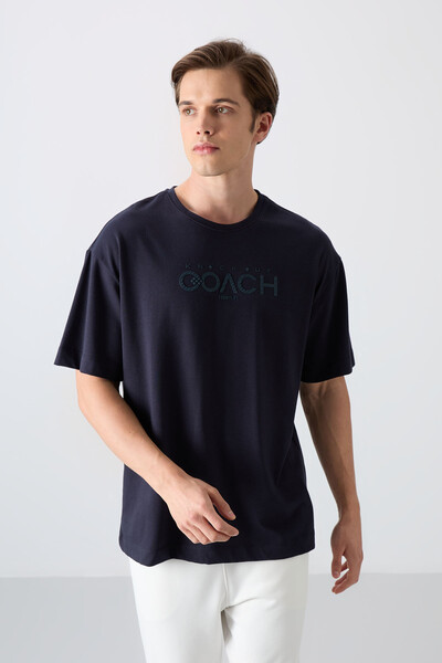 Tommylife Wholesale Crew Neck Oversize Printed Men's T-Shirt 88329 Navy Blue - Thumbnail