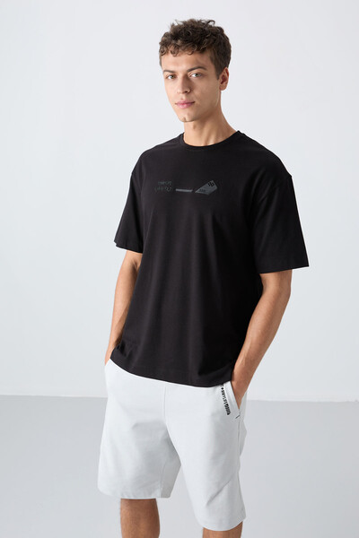 Tommylife Wholesale Crew Neck Oversize Printed Men's T-Shirt 88330 Black - Thumbnail