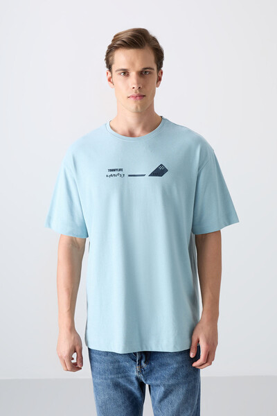 Tommylife Wholesale Crew Neck Oversize Printed Men's T-Shirt 88330 Light Blue - Thumbnail