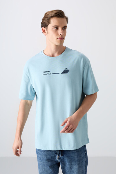 Tommylife Wholesale Crew Neck Oversize Printed Men's T-Shirt 88330 Light Blue - Thumbnail